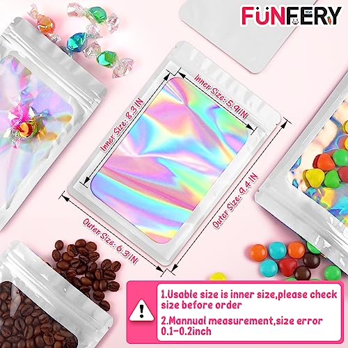 Funfery 100 Pack Resealable Bags Clear Holographic Bags,Smell Proof,White - color: White, size: 6.3x9.4 inch