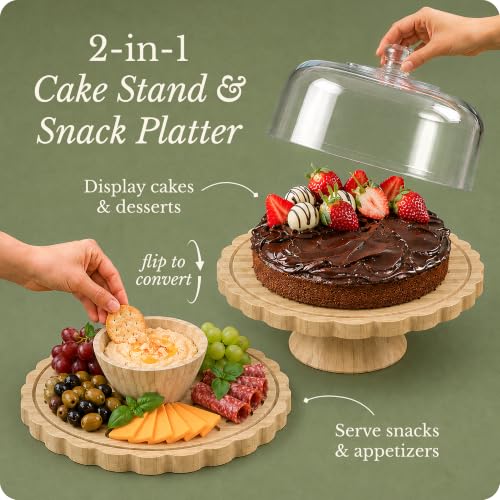ELIBRE Wooden Cake Plate & Serving Platter with Clear Acrylic Dome Lid