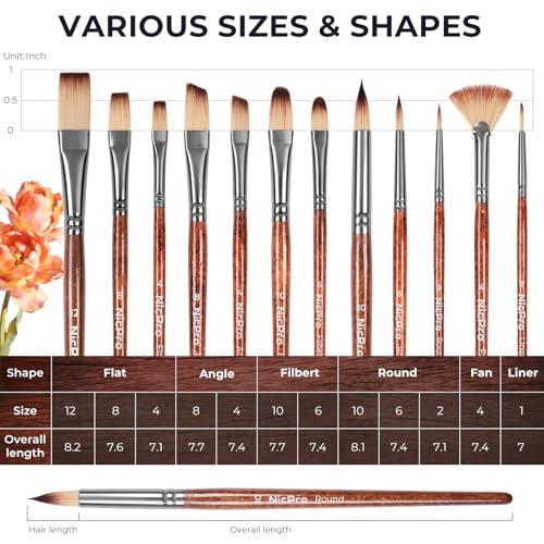 Nicpro 12pcs Paint Brush Set,Craft Paint Brushes for Acrylic & Oil Painting - color: Reddish Brown