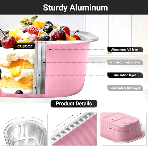 EUSOAR Dessert Cups with Lids, 100pcs 6.8oz 6.5"x2.5"x1.2" Pink Aluminum Foil Baking Cups Mini Loaf Pan Tin, Disposable Ramekins Containers Cheesecake Creme Brulee for Party Shower Wedding Gathering - color: Pink, size: 100pcs