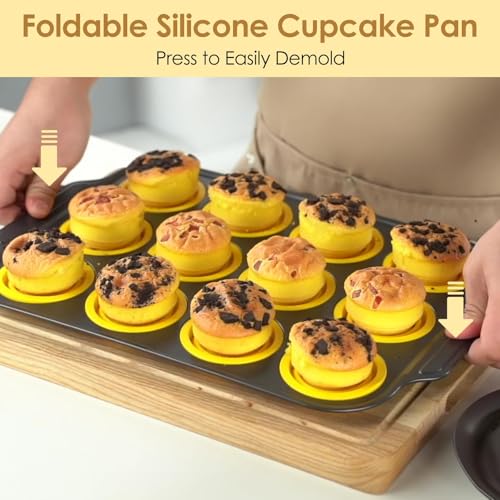 12 Cups Silicone Muffin Pans for Baking with Metal Frame, Egg Bite Molds, Cupcake Pans Regular Size, Muffin Tins Easy to Pop Nonstick Non Toxic Bakeware for Oven Dishwasher Safe - color: 12 Cups Yellow