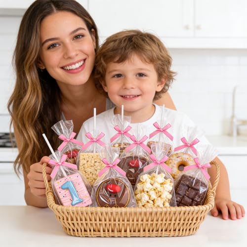 TEMLQPACK 100PCS 4x6 Inches Clear Self-Sealing Cellophane Rice Krispie Treat Bags with Pink Bow Accessories, Resealable for Cookie Candy Jewelry Crafts Small Product Packaging - color: pink-4x6Inch-100pcs