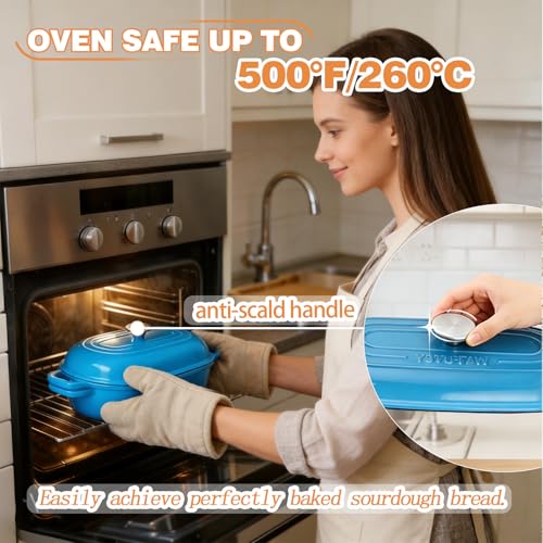 DIY Double Dutch Oven for Sourdough Bread Baking – Enamel Cast Iron Bread Baker with Lid, Bake Two Different Loaves at Once, 500°F Oven Safe - color: Sapphire Blue