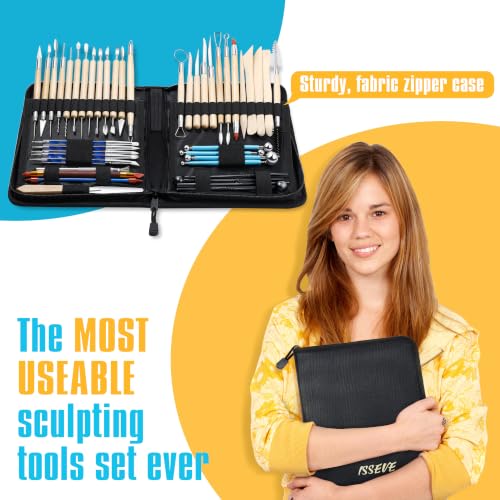 ISSEVE 43Pcs Pottery Clay Sculpting Tools Set with Stand-Up Organizer Bag - color: Black Upgrade Stand-up Bag