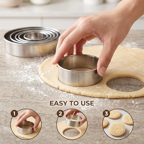 6Pcs Round Cookie Cutter Set, Stainless Steel Biscuit Cutters