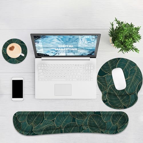 Ergonomic Mouse Pad with Wrist Rest and Keyboard Wrist Rest, Mousepad - color: Green Palm Leaf