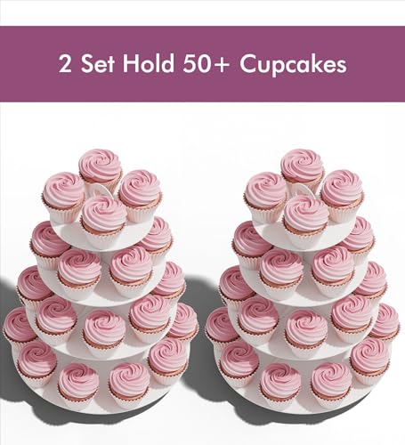 BLISSUR 2 Pack White 4 Tier Cupcake Stand Tower, Cardboard Holder for Parties (White)