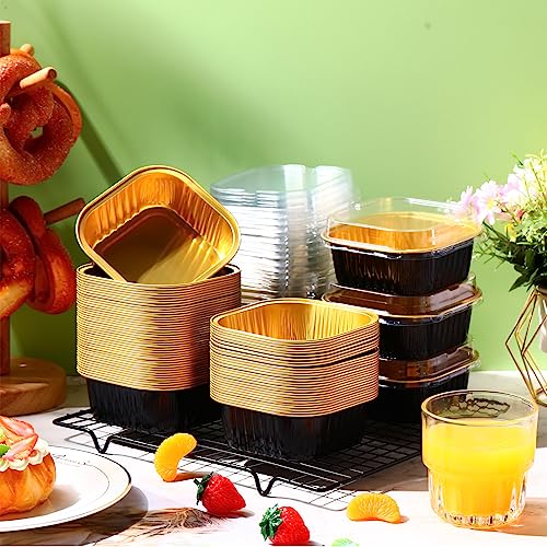 Aoriher 150 Pcs 10 oz Square Foil Cake Pans with Lids - color: Black, Gold