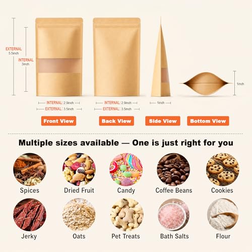FireKylin 100 Pcs Resealable Bags, Matte Window, Paper, Brown,3.5 x 5.5 in - color: Brown, size: 3.5" x 5.5"