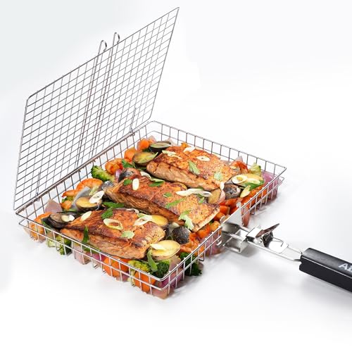 Grill Basket - Grill Baskets for Outdoor Grill, Stainless Steel Large Grilling Basket w Removable Handle, Portable Fish Grilling Rack for Grill Ideal Meat Fish Vegetables Grilling Accessories