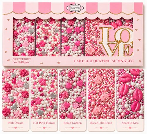 Confect Cake & Cupcake Sprinkles | Love Sprinkles Mix Pink Mini Lips & Roses, Silver Hearts & Vermcelli and White Pearls | Anniversary Sprinkles | Edible sprinkles Mix Pack of 5 (5 Oz) - color: Love Sprinkles