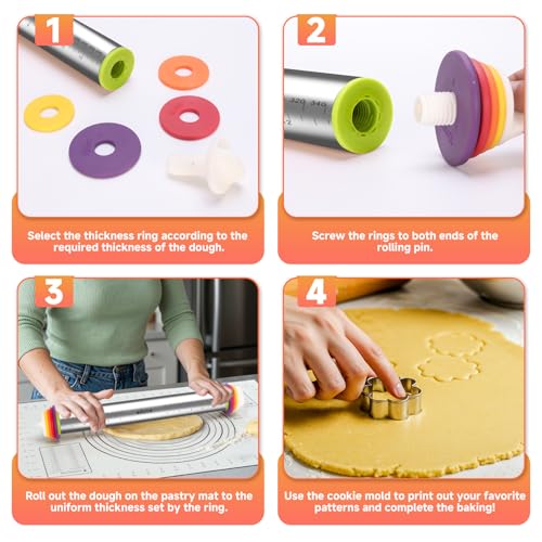 13.6" Stainless Steel Rolling Pin with 4 Thickness Rings & Cookie Molds - color: Stainless Steel