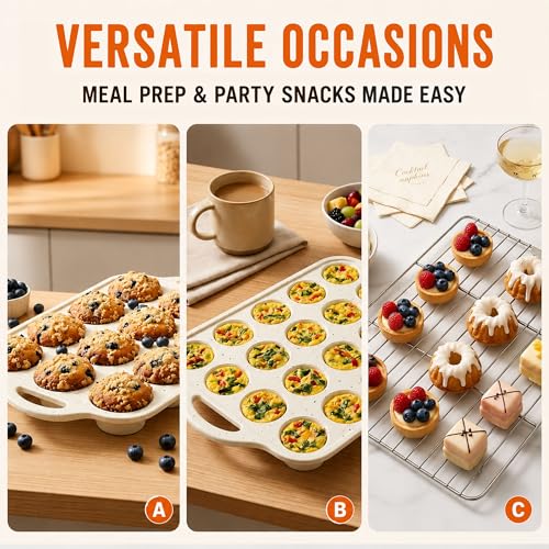 Silicone Muffin Pan Set, 12-Cup Muffin Tin and 24-Cup Mini Muffin Pan with Integrated Steel Frame, 304 Stainless Steel Cooling Rack, Nonstick Cupcake & Egg Bites Baking Set