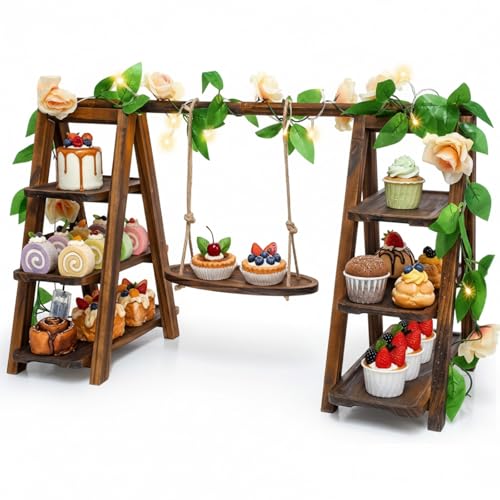 Rustic Wooden Cupcake Stand with LED String Lights, 3 Tier Dessert Display Ladder with Swinging Tray, Solid Pine Serving Trays with Flower Vine for Wedding, Party, Birthday Event Table Decor