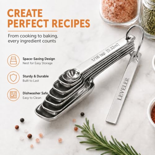 Stainless Steel Measuring Spoons Set of 13, Includes 7 Rectangular Measuring Spoons, 1 Leveler & 5 Tiny Spoons, Compact Spoons Design for Spice Jars, Ideal for Dry and Liquid Ingredients - size: Set of 13