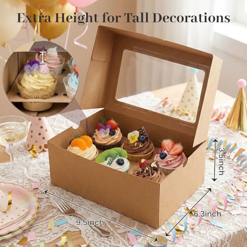 HANSGO 6 Count Cupcake Boxes,6 PCS Cupcake Containers with Window - color: Brown