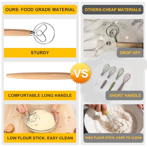 13 Inch Danish Dough Whisk, Stainless Steel Dough Whisk with Long Handle