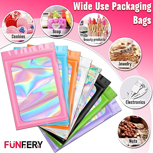 Funfery 300 Pack 3 Size Mylar Holographic Bags with Clear Window,Pink - color: Pink, size: 3x4.7+4x6+4.7x7.9 Inch