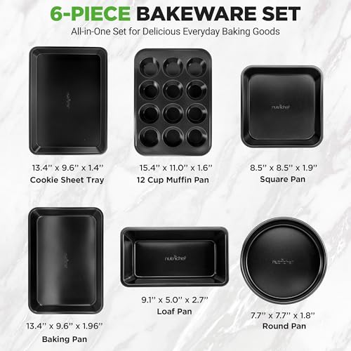 NutriChef Stackable Non-Stick Baking Pan Set – Carbon Steel Bakeware Set w/ Cookie Sheet, Muffin & Loaf Pan, Double Coated for Easy Release, Oven & Dishwasher Safe, Resists Warping, – Easy to Clean - color: Black