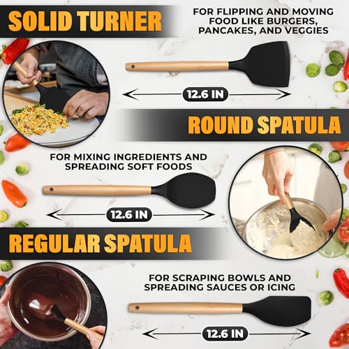 14 Pcs Kitchen Utensils Set with Holder, Beech Handles (Black)