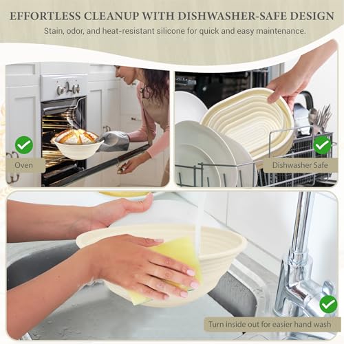 Premium Foldable Silicone Sourdough Banneton Bread Proofing Basket - Includes Oval & Round proofing Bowls (9.5 Inch) - Oven & Dishwasher Safe, Gifts for Artisan Bakers - Beige - color: Beige