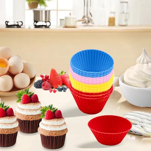 12 Pack Reusable Silicone Cupcake Liners Baking Cups Liners - color: Red, Pink, Blue, Yellow