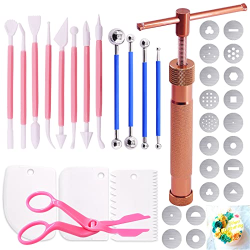 Keadic 37Pcs Rose Gold Clay Fondant Extruder Cake Decorating Supplies Sugar Modeling Tool Set, Clay Extruder Gun with 20 Tips Sugar Extruder Disks & Ball Stylus Dotting Tool - color: Rose Gold