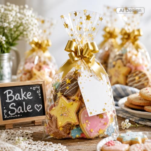 joycraft 50Pcs Star Printed Cellophane Treat Bags,5.9x9.8 in Clear Gift Bag