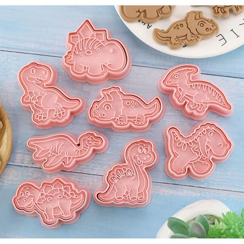 8 Piece Dinosaur Shape Cookie Cutter Set with Plunger Stamper,3D Embossed Pink Plastic Biscuits Cutters for Fondant and DIY Desserts Baking
