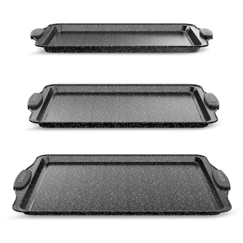 BAKKEN Cookie Sheets for Baking Nonstick Set - 3-Piece Stackable Carbon Steel Baking Sheet Pans Set with Silicone Handles, Non Toxic Cookie Sheets for Baking Bakeware Set - Gray Marble - color: Gray Marble