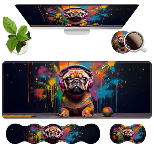 4 in 1 Ergonomic Memory Foam Mouse Pad Wrist Rest Set, Large XXL Gaming Desk Pad + Keyboard Wrist Rest + Mouse Wrist Cushion + Coaster for Home Office Study Gaming, Cute Pug with Headphones - color: Cute Pug With Headphones