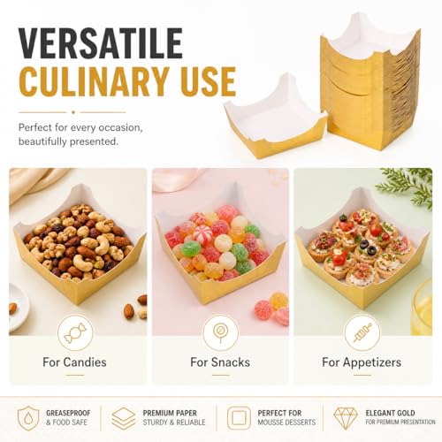 100 Pcs Square Cupcake Liners, Gold Paper Baking Cups for Muffin, Disposable Dessert Mousse Tray, Brownie Pastry Wrappers for Party Wedding