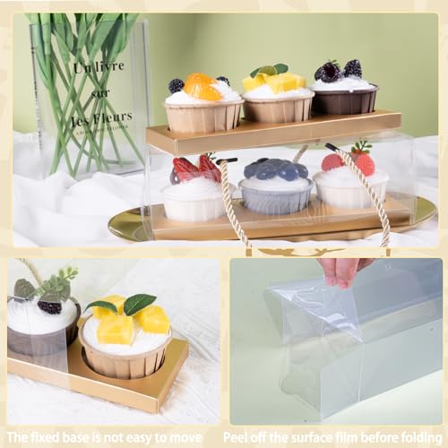 20Pcs Clear Cupcake Boxes with Handle, Cupcake Carrier for Party - color: B-Gold 9x3x3in