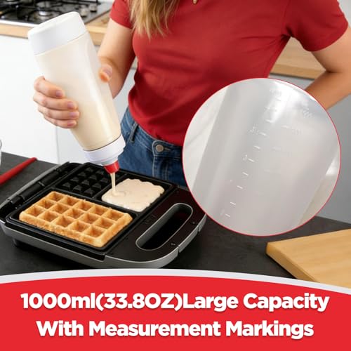 2-Pack Batter Dispenser with Whisk Ball, 1000ml Leak-Proof Squeeze Bottle with Stand for Pancakes, Waffles, Cupcakes & Crepes(PD-01)