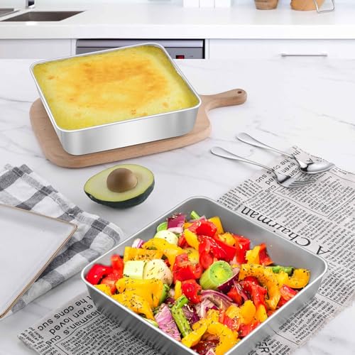 Herogo 8"x 8" Square Cake Pan, Stainless Steel Baking Pan Set of 2 - color: Silver, size: 8" x 8" x 2"