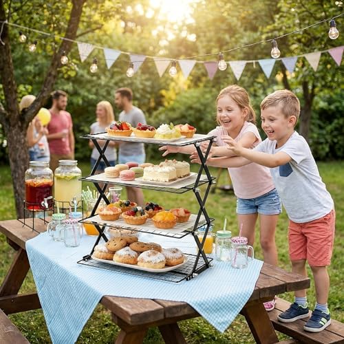 4-Tier Collapsible Cooling Rack for Baking, 3-Setting Adjustable Stackable Cookie Rack, Durable Nonstick Space-Saving Stand for Cooking, Roasting, Drying, Grilling, Cottage Bakery