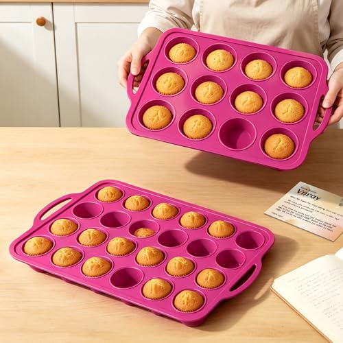 Silicone Mini Muffin Tin Set: 12 & 24 Small Cupcake Baking Tin with Frame - color: Rose Pink, size: Regular & Mini: 12 Cup & 24 Cup