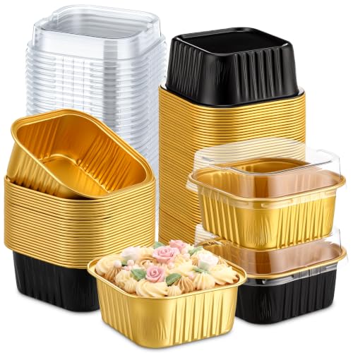 Skylety 100 Pcs 5oz Mini Square Cake Pans with Lids, Gold, Black - color: Gold,Black