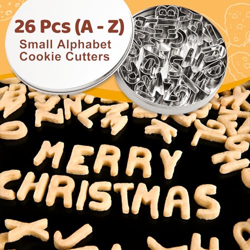 ofone Small Alphabet Cookie Cutters(A - Z), 26 Pcs Stainless Steel Fondant Letter Cutters Set, Mini Metal Biscuit Cutter Shapes for Baking Cakes Pastry Polymer Clay Fruits - color: Letter Cookie Cutter Set