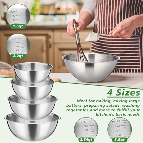 Honeydak 8 Pack Stainless Steel Mixing Bowls 1.3, 1.7, 2.6, and 3.2 Qt - size: 1.3, 1.7, 2.6, and 3.2 Qt