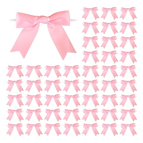 Meseey 50 Pcs 3 Inches Twist Tie Satin Ribbon Bows Pink Pretied Premade Craft Bows for Treat Bags Gift Wrapping Basket Wedding Baby Shower Brithday Christmas Party (3", Pink) - color: Pink
