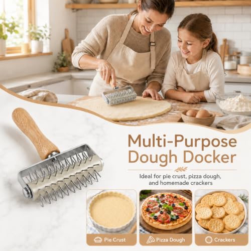 Pizza Dough Docker Pastry Roller Stainless Steel,Pizza Docking Tool - color: Wood
