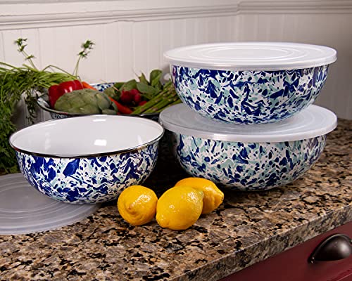 Golden Rabbit Enamelware Nested Mixing Bowls with Lids, Set of 3, Ocean - color: Ocean