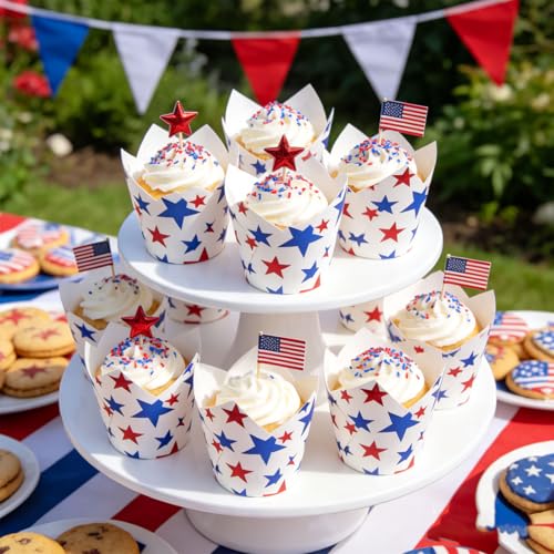 Whaline 120 Pcs July 4th Patriotic Tulip Cupcake Liners Red Blue Star Foil Baking Cups Independence Day Cupcake Muffin Wrappers for 250th Anniversary Memorial Day Party Supplies Table Decor - style: Star