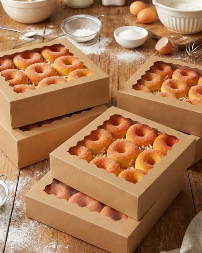 qiqee 10x10x2.5 Inch Brown Pie Boxes with Window 12Packs Cookie Donut Bakery Box (Auto-pop Up) - color: 12Packs, Brown