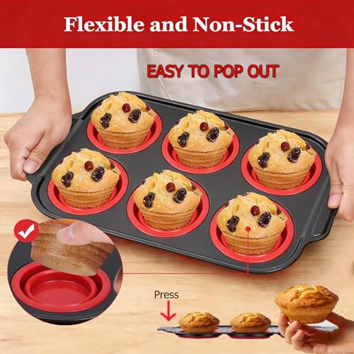 Muffin Pan, 6-Cup Nonstick Silicone Muffin Pans for Baking, Food-Grade Cupcake Pan for Oven, Microwave, Dishwasher Safe, BPA-Free Silicone Baking Mold for Muffins, Cupcakes, Egg Muffins - color: 6 Cups Red