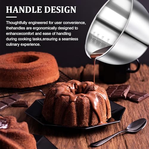 304 Stainless Steel Double Boiler Set - 2.6QT Melting Bowl with Scale and Handle - 4.2QT Dual-Handle Pot - Stackable Water Bath Melting Pot Set for Butter, Chocolate, Wax, Sugar, Candle