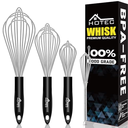 HOTEC 4Pcs Silicone Whisk Set, Wire Balloon Whisks for Cooking Egg Beater - color: 4pcs: Silver 6.7"+9.3"+10.4"+12"