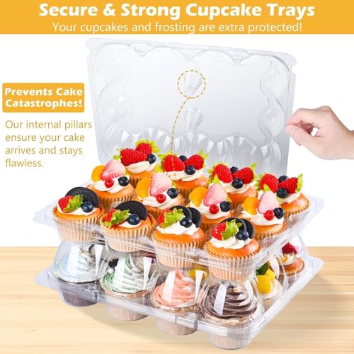 Plastic Cupcake Containers 12 Count (20 Sets), Stackable Cupcake Boxes Holders with Tall Dome Lid, Disposable Cupcake Carrier Trays Include 240 Cupcake Liners