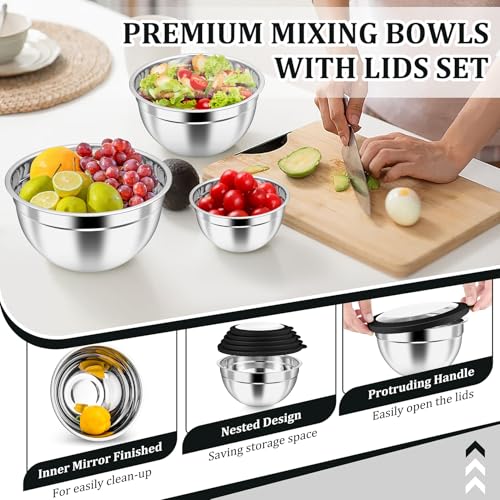 P&P CHEF Metal Mixing Bowls with Lids Set, Visible Airtight Lids & Black - color: Black, style: Visible Airtight Lids